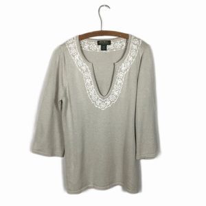 Eddie Bauer Knit Flare Sleeve Embroidered neutral tunic sweater